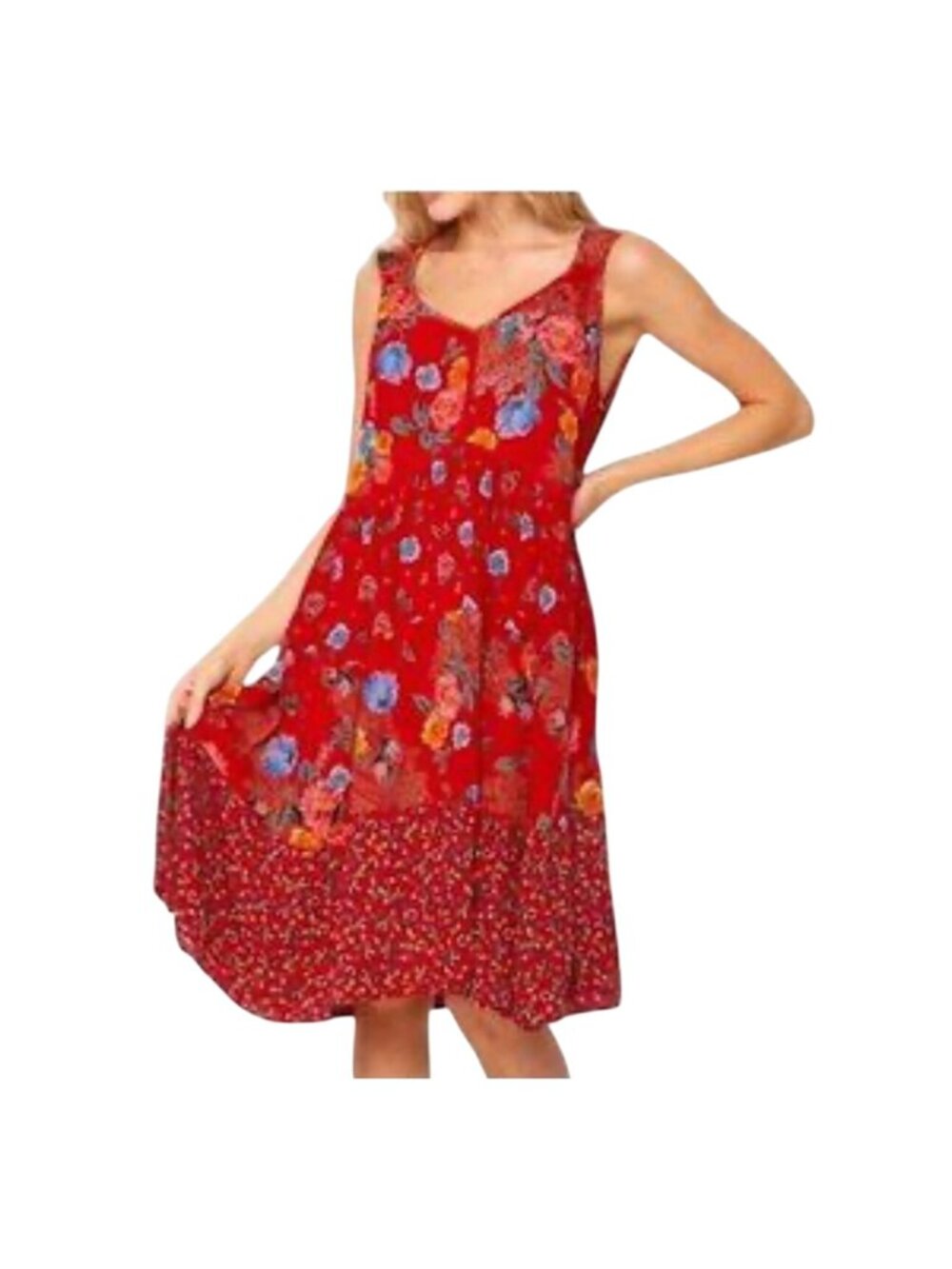 Bila Women Red Boho Crinkle Floral Sleeveless Midi Dress Size L 100% Rayon